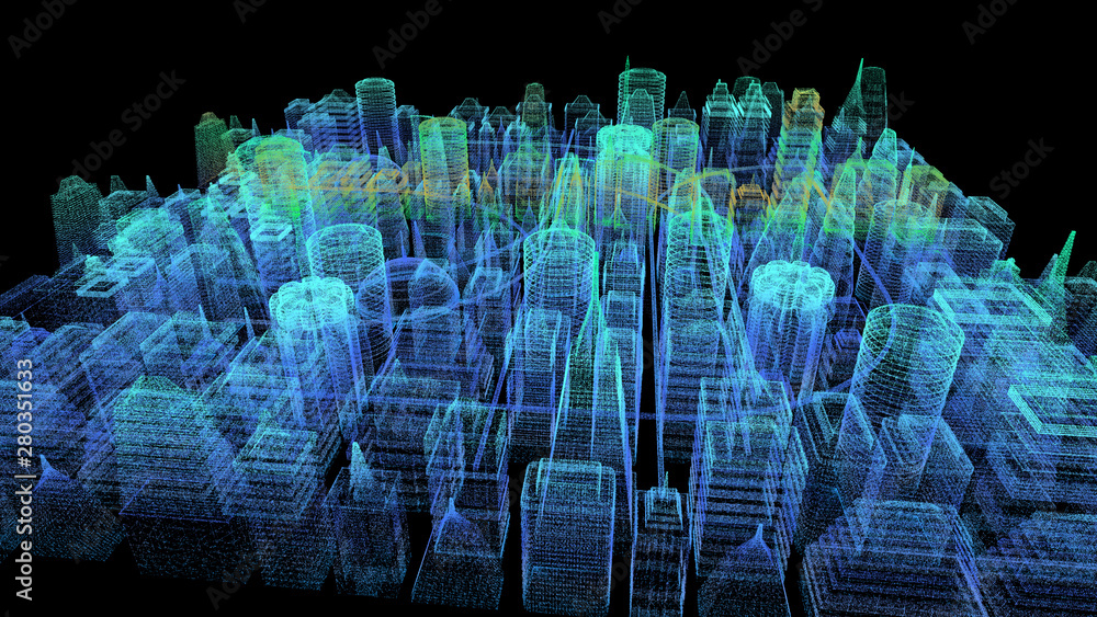Poster Futuristic holographic city digitally generated image virtual reality matrix particles in cyber space background environment