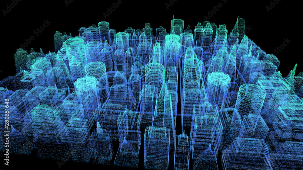 Poster Futuristic holographic city digitally generated image virtual reality matrix particles in cyber space background environment