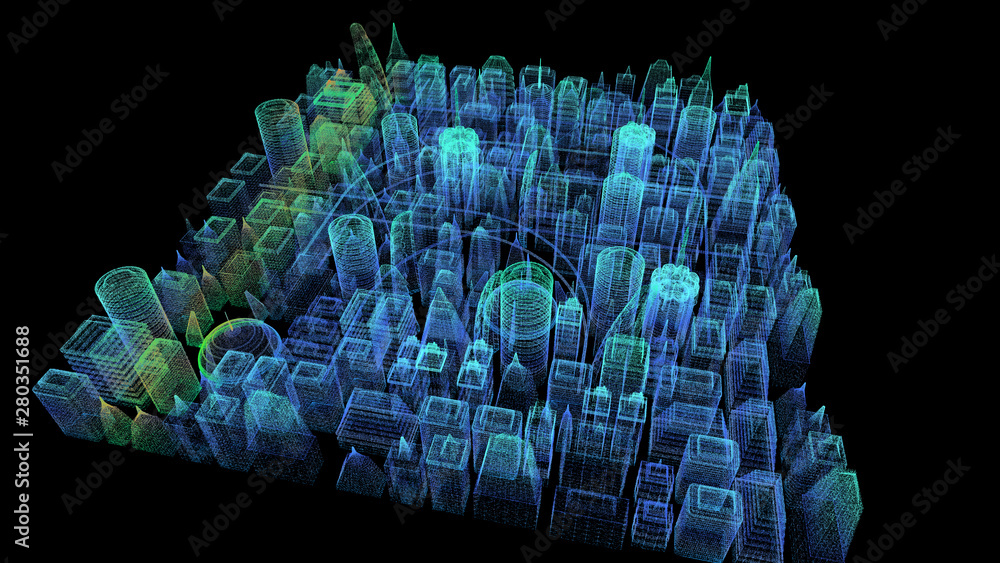 Poster Futuristic holographic city digitally generated image virtual reality matrix particles in cyber space background environment