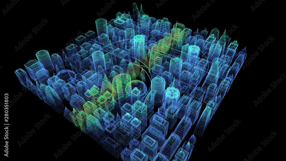 Poster Futuristic holographic city digitally generated image virtual reality matrix particles in cyber space background environment