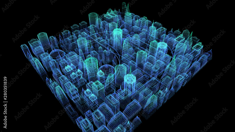 Poster Futuristic holographic city digitally generated image virtual reality matrix particles in cyber space background environment