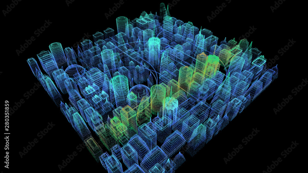 Aufkleber Futuristic holographic city digitally generated image virtual reality matrix particles in cyber space background environment