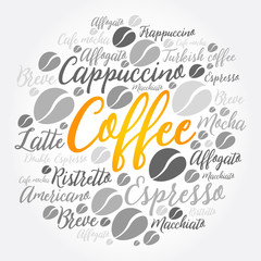 List of coffee drinks words cloud collage, poster background