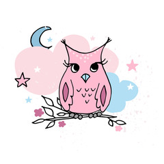 Cute little owls sitting on the tree. Pastel nursery poster or card.