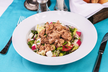  Seafood, Mediterranean cuisine. Salad from sea tuna fish with greens, cucumber, lemon and chili pepper, radish. Japanese food