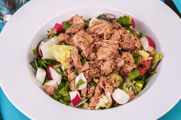  Seafood, Mediterranean cuisine. Salad from sea tuna fish with greens, cucumber, lemon and chili pepper, radish. Japanese food