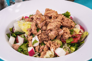  Seafood, Mediterranean cuisine. Salad from sea tuna fish with greens, cucumber, lemon and chili pepper, radish. Japanese food