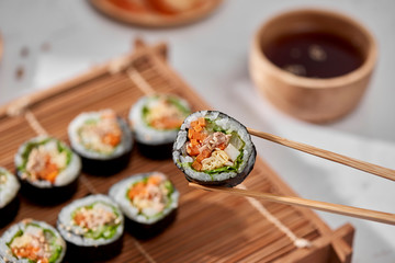 Korean roll Gimbap(kimbob) made from steamed white rice (bap) and various other ingredients