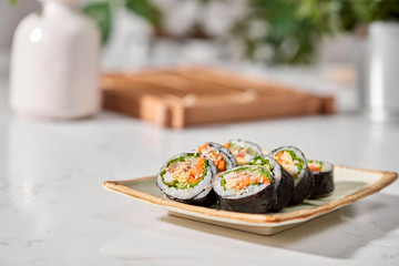Korean roll Gimbap(kimbob) made from steamed white rice (bap) and various other ingredients