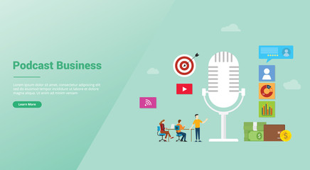 podcast business concept with icon illustration and team people and money for finance with modern flat style for website template or landing homepage - vector