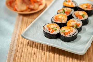 Korean roll Gimbap(kimbob) made from steamed white rice (bap) and various other ingredients