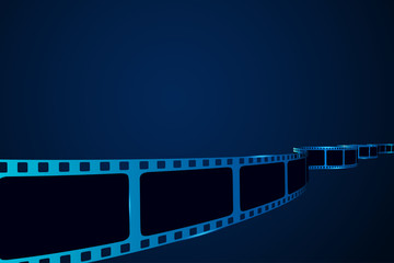 3d film strip in perspective. Vector illustration of film reel stripe isolated on blue background. Art design reel cinema filmstrip template. Movie time and entertainment concept.