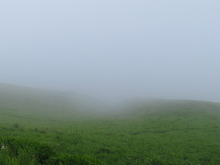 Fototapeta premium Misty grass hills lying across Aso Caldera viewed from Daikanbo
