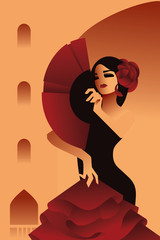 Spanish flamenco dancer posing on city background with fan on city background, hair embellished with rose