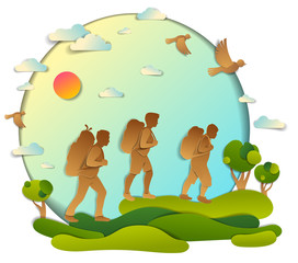 Young active family hiking to nature with grasslands and trees, father, mother and son. Vector illustration of beautiful summer scenic landscape, birds in the sky, holidays.