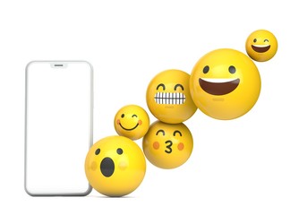 Smartphone mockup with blank screen and fun emoji character. 3D Render