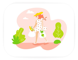 Happy girl with shopping in a hat and sundress walks in nature. Summer card in flat linear style. Vector.