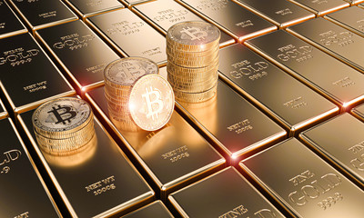gold bitcoin coins on classic ingots, concept of cryptocurrency and economy.