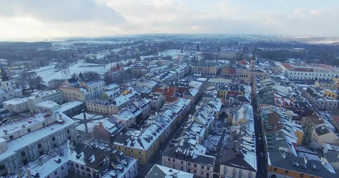 Winter aerial drone view of small town in 4K
