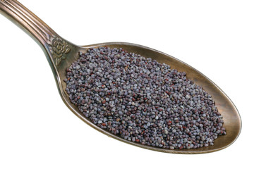 In the old golden spoon there is a small pile of food - poppy seeds for baking Easter cakes isolated