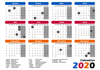 calendrier français 2020 multicolore