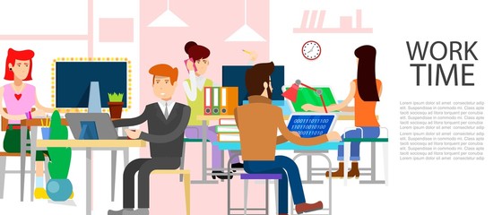 Office business working people vector illustration. E-commerce, worktime management, start up and digital marketing business concept. Time at work in office. Teamwork concept