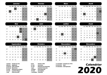 calendrier français 2020 noir