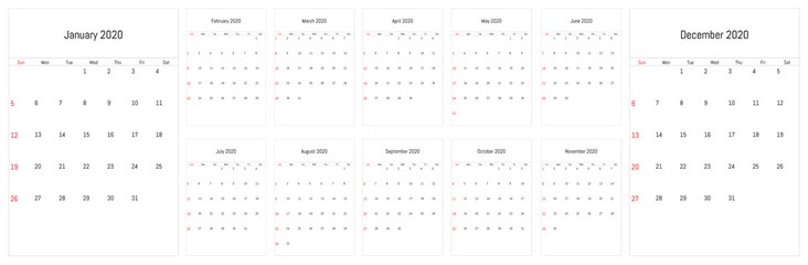 2020 monthly wall calendar. Vector simple design