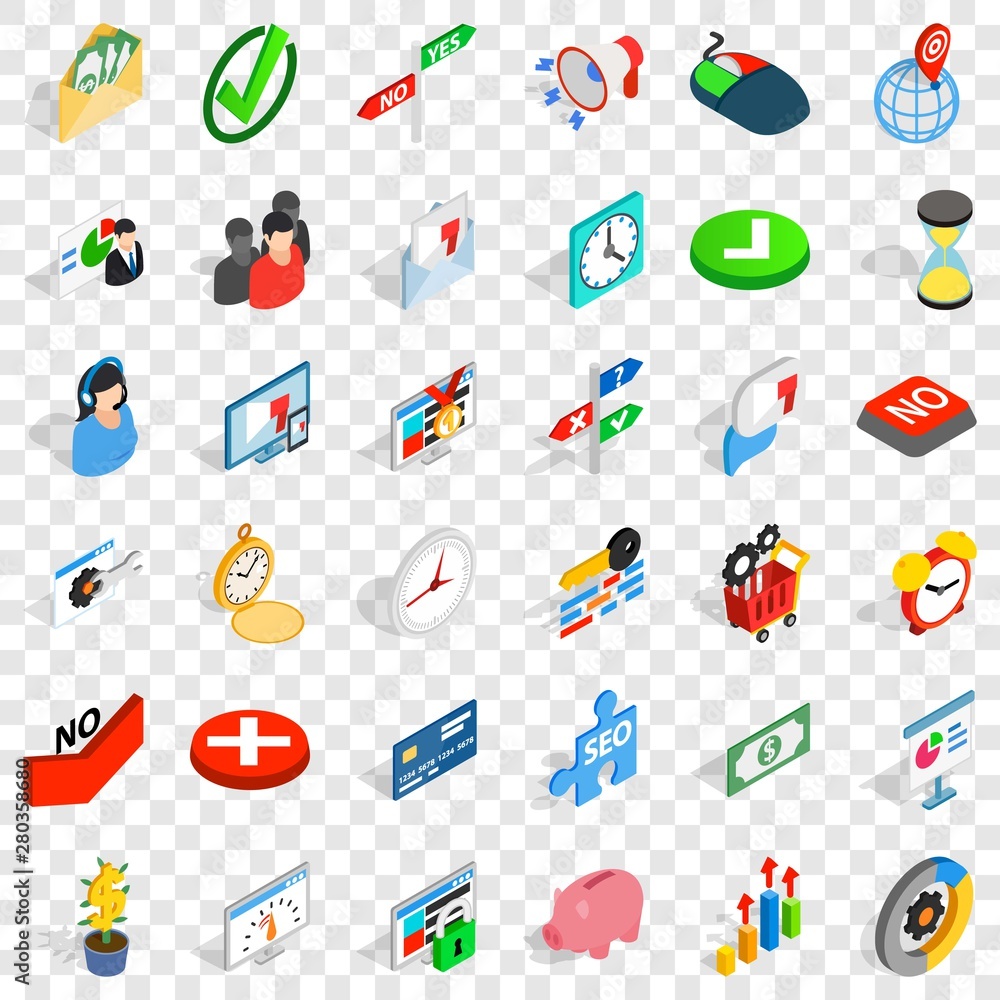 Poster currency in country icons set. isometric style of 36 currency in country vector icons for web for an