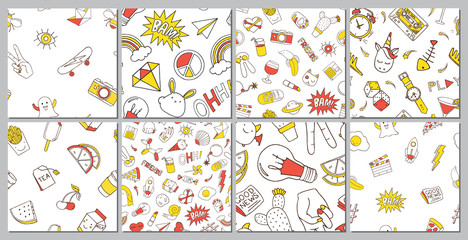 Fototapeta na wymiar Set of seamless pattern with patch doodles
