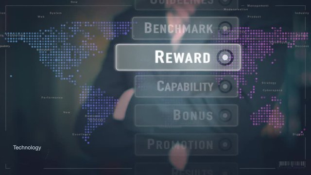 A businessman selecting a Bonus business concept on a futuristic screen.