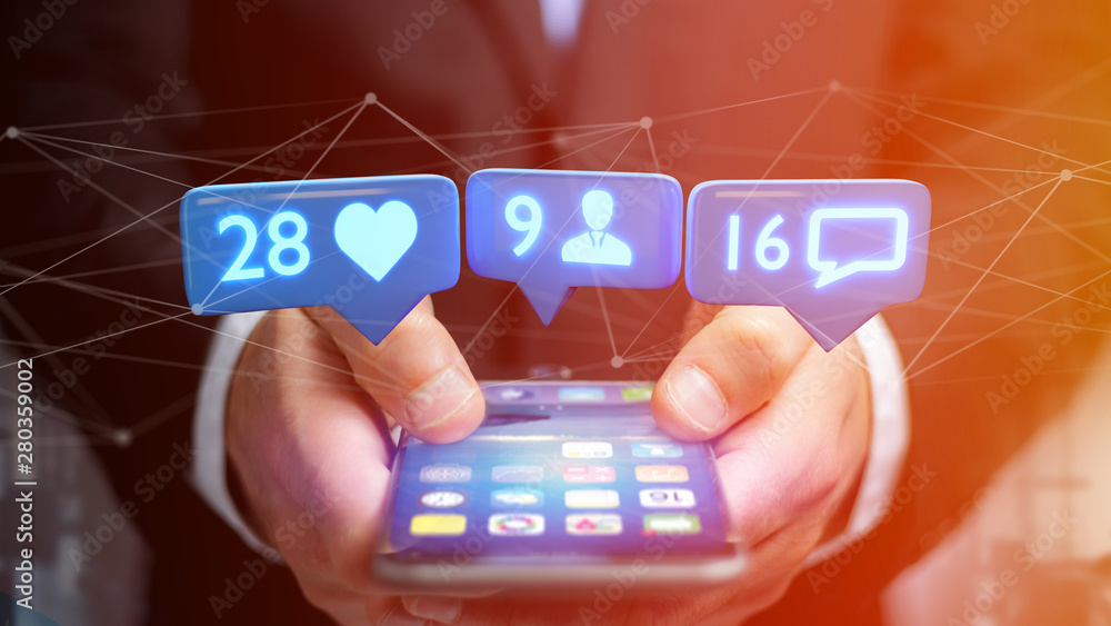 Poster businessman using a smartphone with a like, follower and message notification on social network - 3d