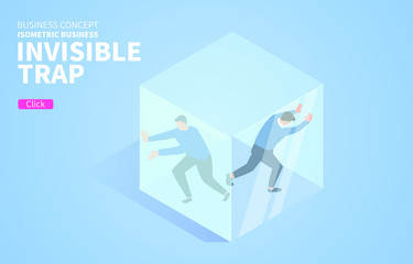 Two businessmen trapped inside a transparent airtight glass cube