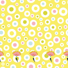 Yellow folk art floral border with pink and yellow blossoms and pastel dot. Surface pattern design.