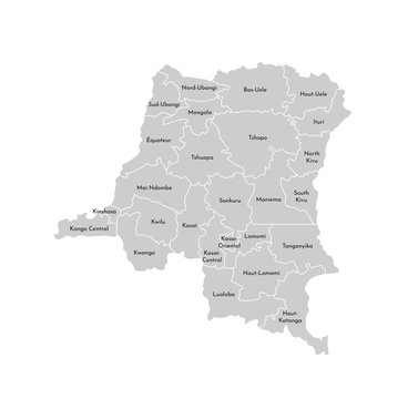 Vector isolated illustration of simplified administrative map of Democratic Republic of the Congo. Borders and names of the provinces (regions). Grey silhouettes. White outline