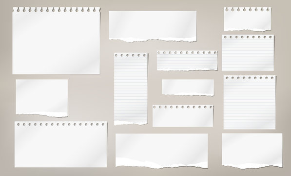 Set of torn white note, notebook lined and blank paper pieces stuck on light brown background. Vector illustration