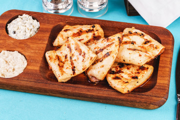 European cuisine, Mediterranean dish. grilled fish pieces with white and brown rice