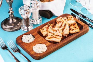 European cuisine, Mediterranean dish. grilled fish pieces with white and brown rice