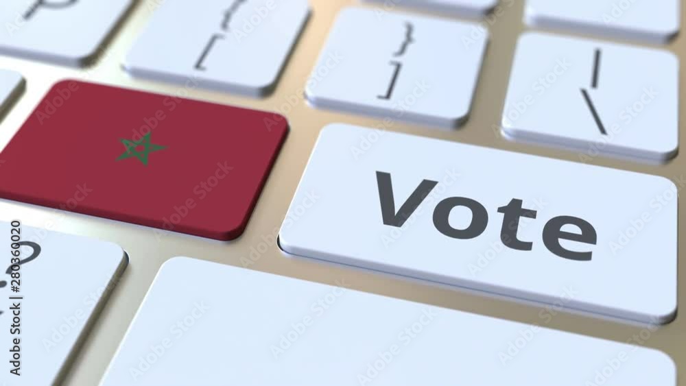 Aufkleber vote text and flag of morocco on the buttons on the computer keyboard. election related conceptual 3