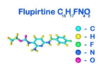 Structural chemical formula and molecular model of flupirtine. Flupirtine is used to treat acute and chronic pain. Scientific background. 3d illustration