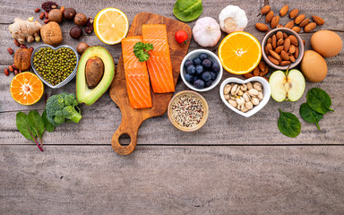 Ingredients for the healthy foods selection  .The concept of healthy food set up on wooden...