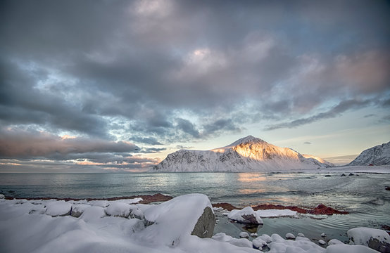 Skagen beach in snow, Flakstad, Lofoten, Nordland, Norway