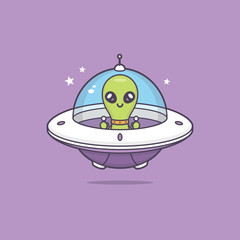 Cute kawaii alien in space ship vector cartoon illustration - obrazy, fototapety, plakaty