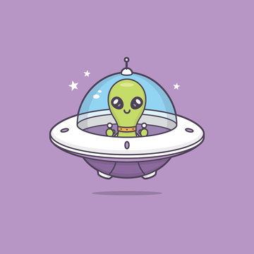 Cute kawaii alien in space ship vector cartoon illustration
