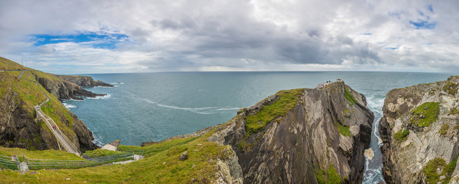 Panorama picture of pedastrian bridge to Mizen Head lighthouse in southern west Ireland
