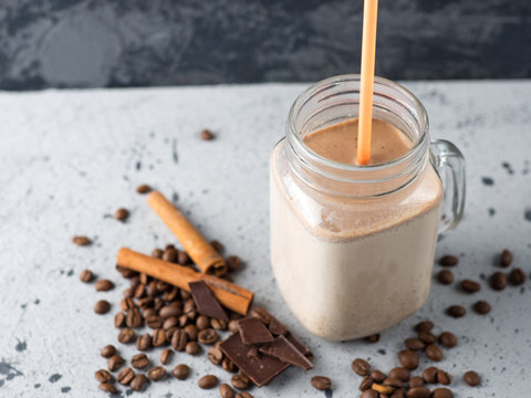 Milk shake Chocolate coffee Breakfast smoothie with oatmeal and cinnamon
