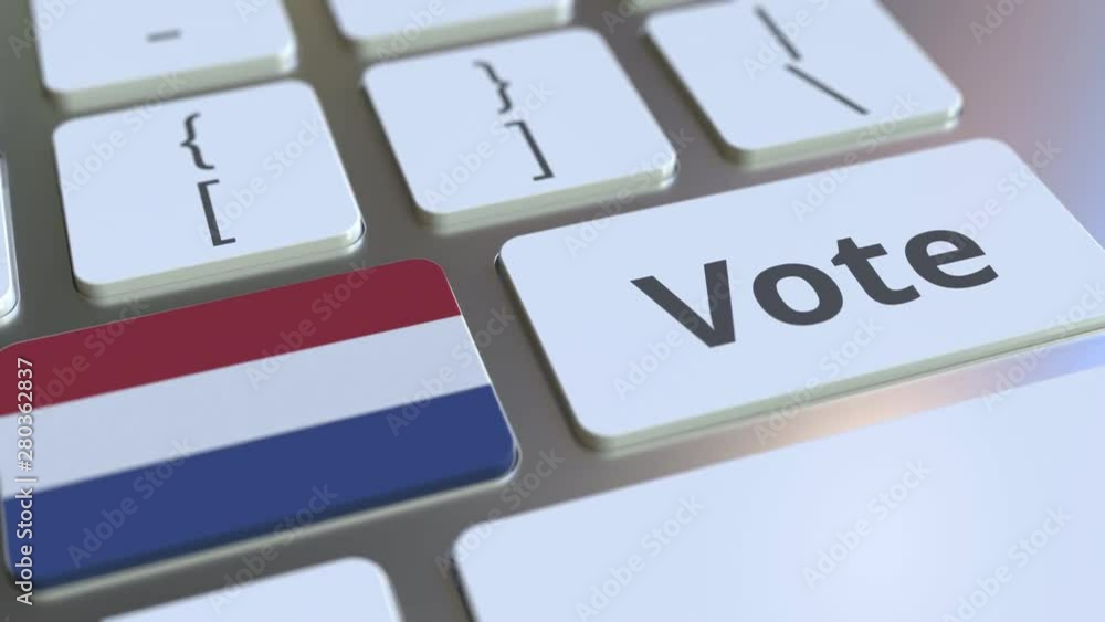 Aufkleber vote text and flag of the netherlands on the buttons on the computer keyboard. election related conc