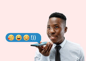 Social media interactions on mobile phone. Internet digital marketing, Chating, commenting, liking. Smiles and icons above smartphone screen, that holding by young man on pink studio background.