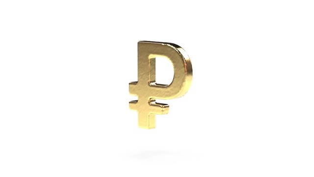 Animation of Casting a 3D Roboto Liquid Gold Font. Russian Ruble Currency Symbol (RUR) is Poured, Hardens and Rotates like a Bare of Gold Isolated on a White Background. Luma Matte Included.