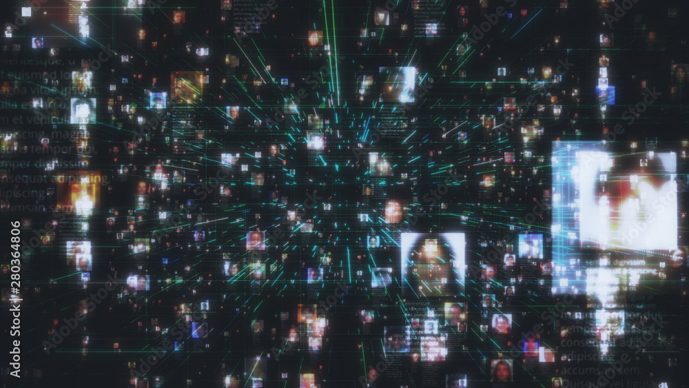 Poster artificial intelligence concept with a social network as a dark stream of unrecognizable people port